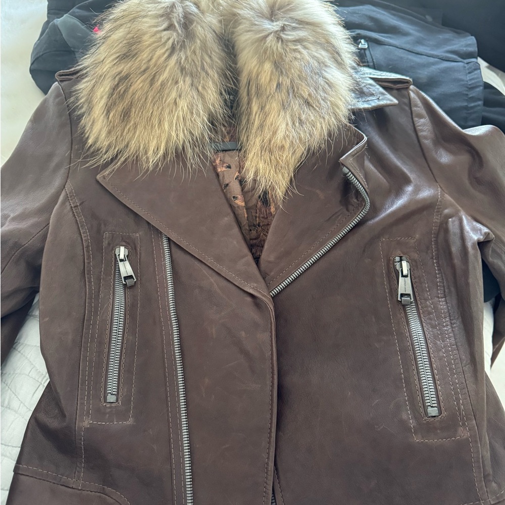 Andrew Marc Brown Leather Jacket with Plush Fur Collar